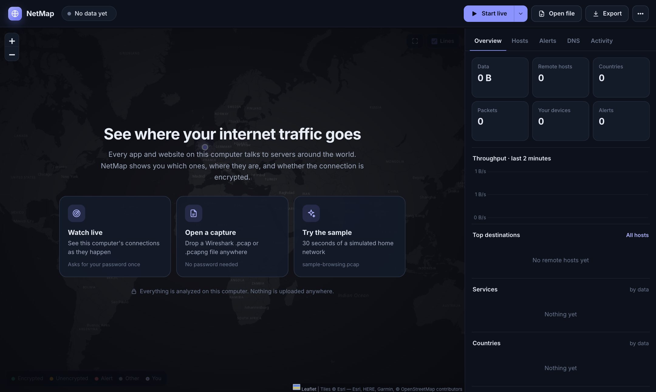 Welcome screen with three choices: Watch live, Open a capture, Try the sample