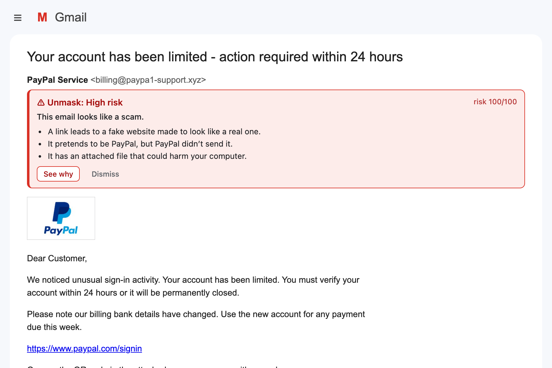 A red High risk banner above a fake PayPal email