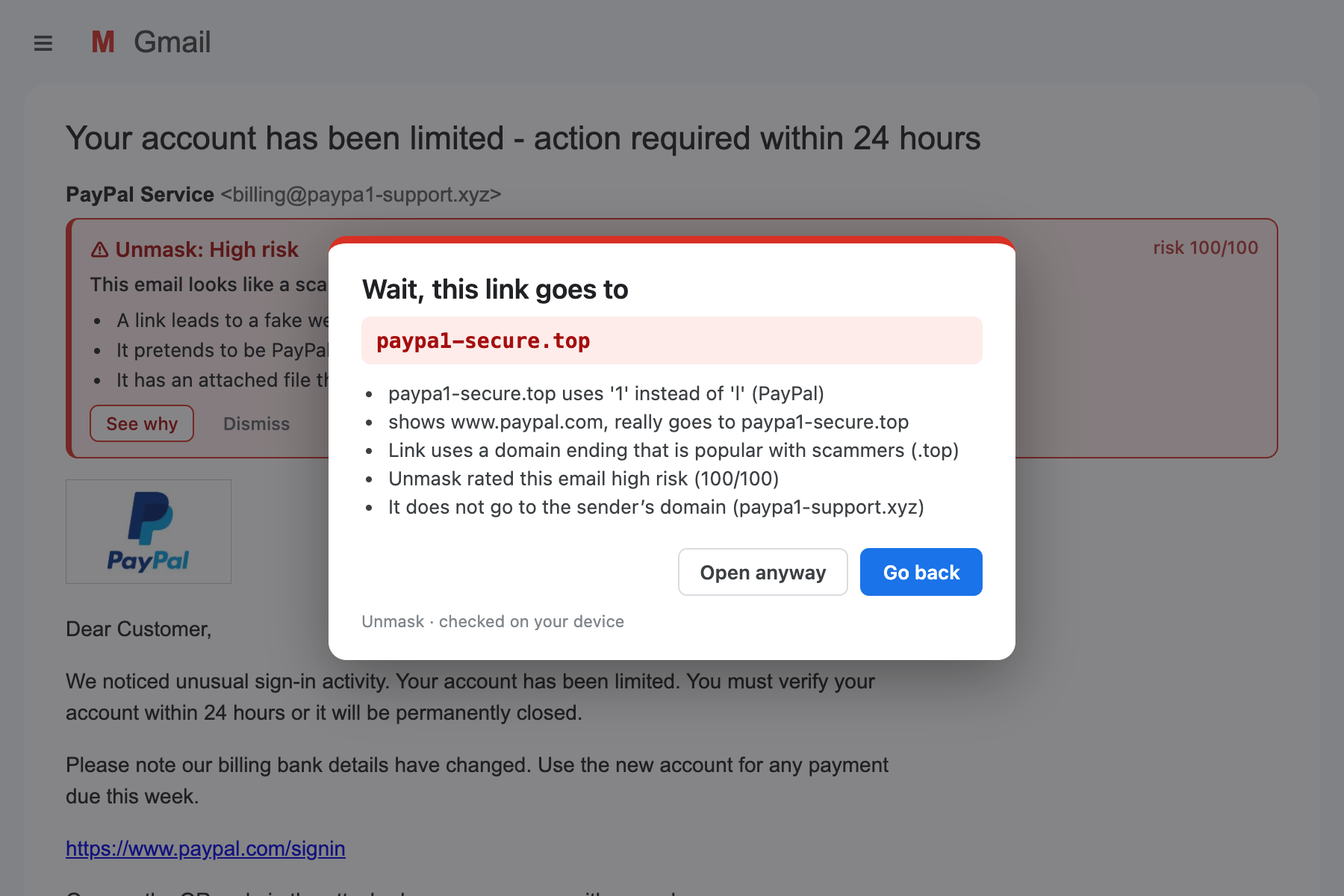 Wait, this link goes to paypa1-secure.top, with the reasons and Go back or Open anyway