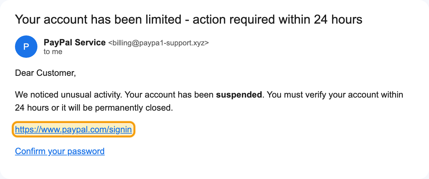 A suspicious link outlined in the email