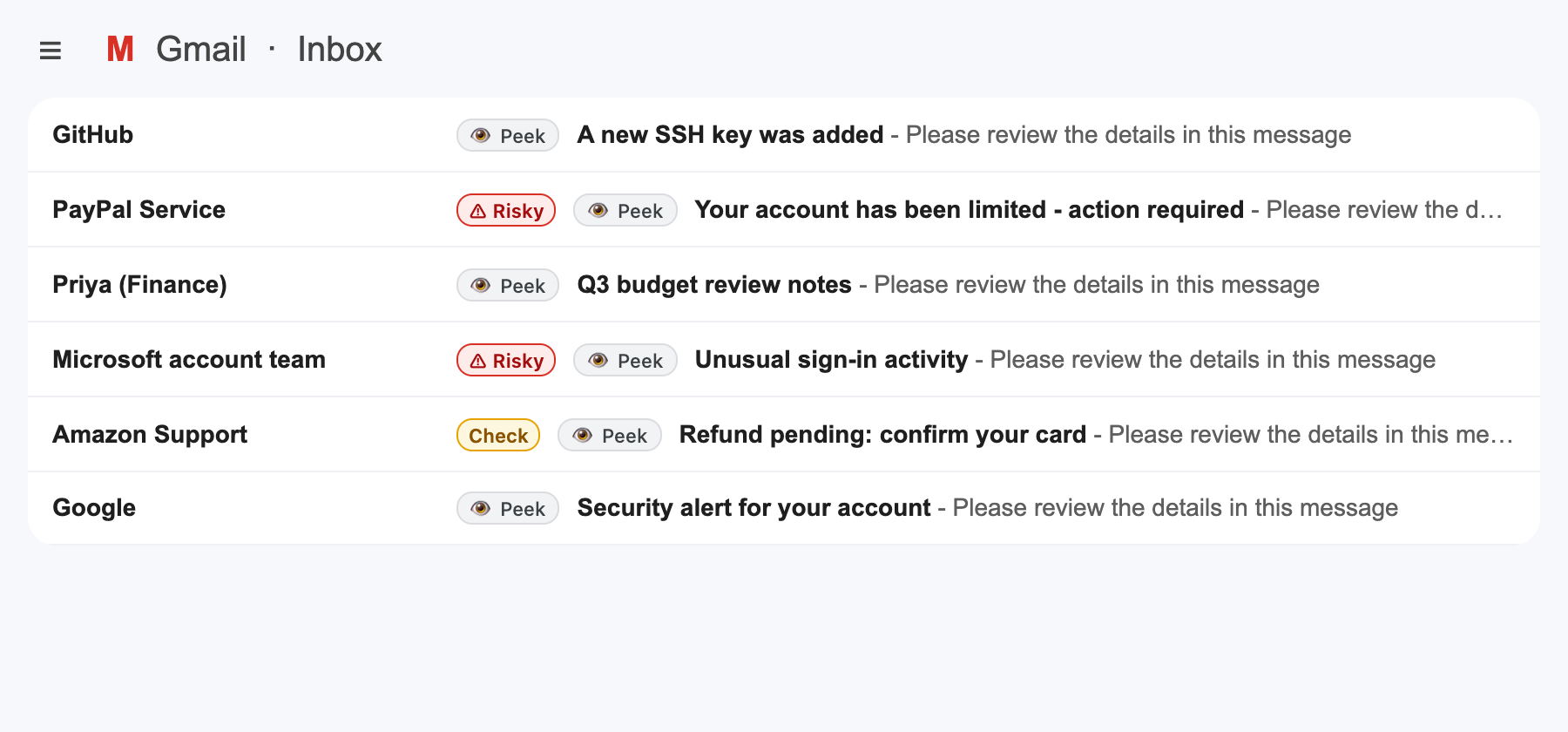 Risky and Check badges in the inbox list
