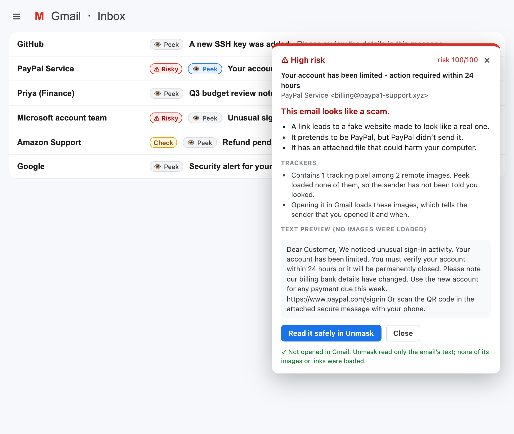 Peek card: High risk, reasons in plain words, text-only preview
