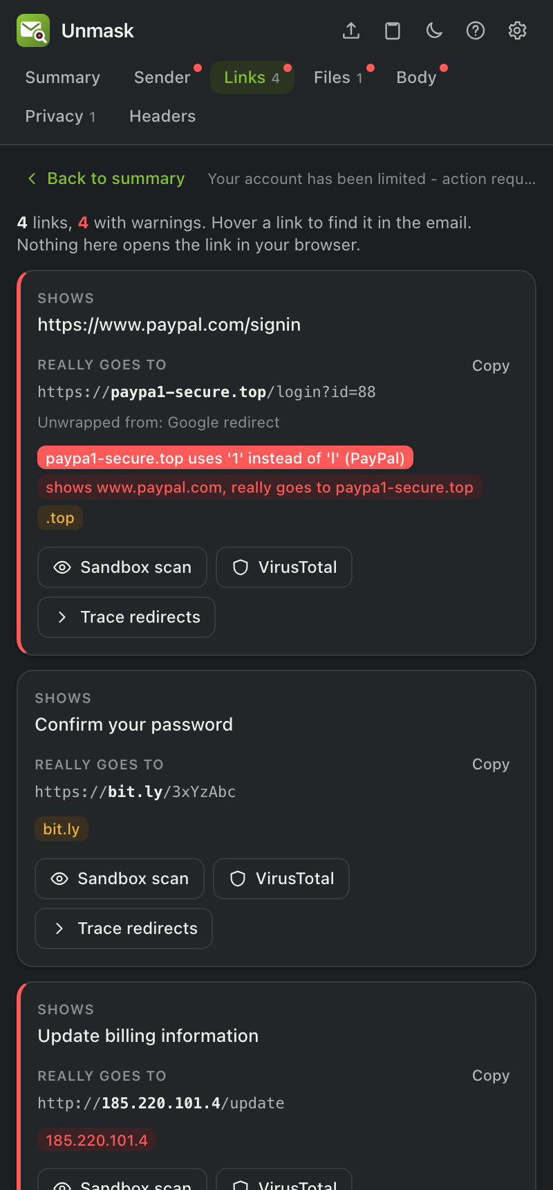 Links tab