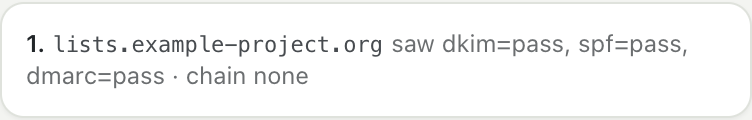 The ARC record of a mailing-list post: the list saw DKIM, SPF and DMARC pass