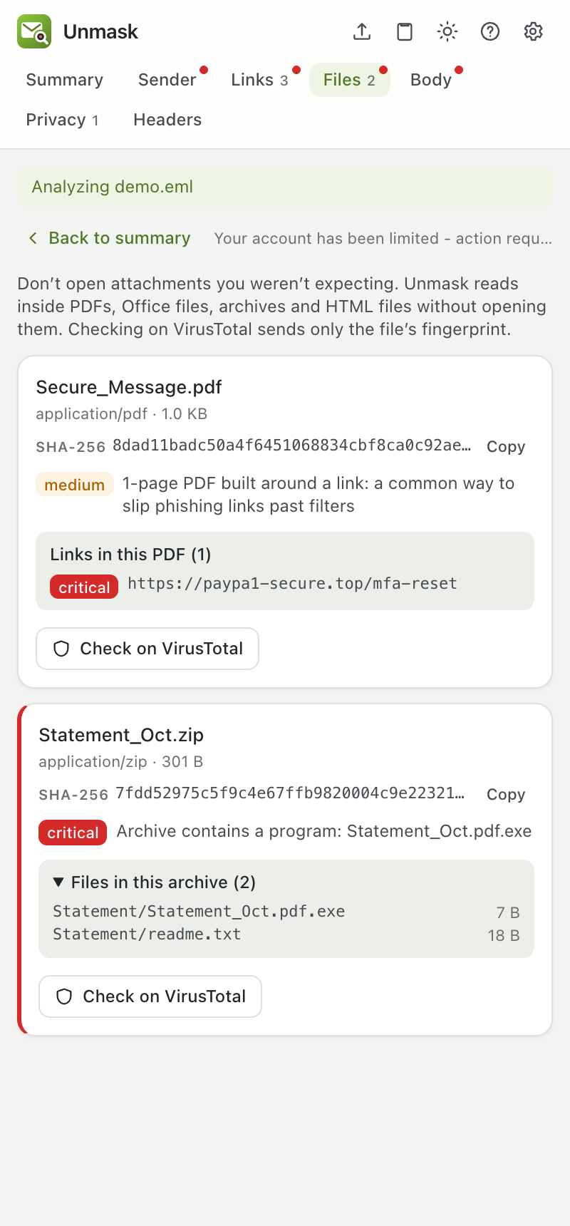 Files tab with links inside a PDF and a program hidden in a ZIP