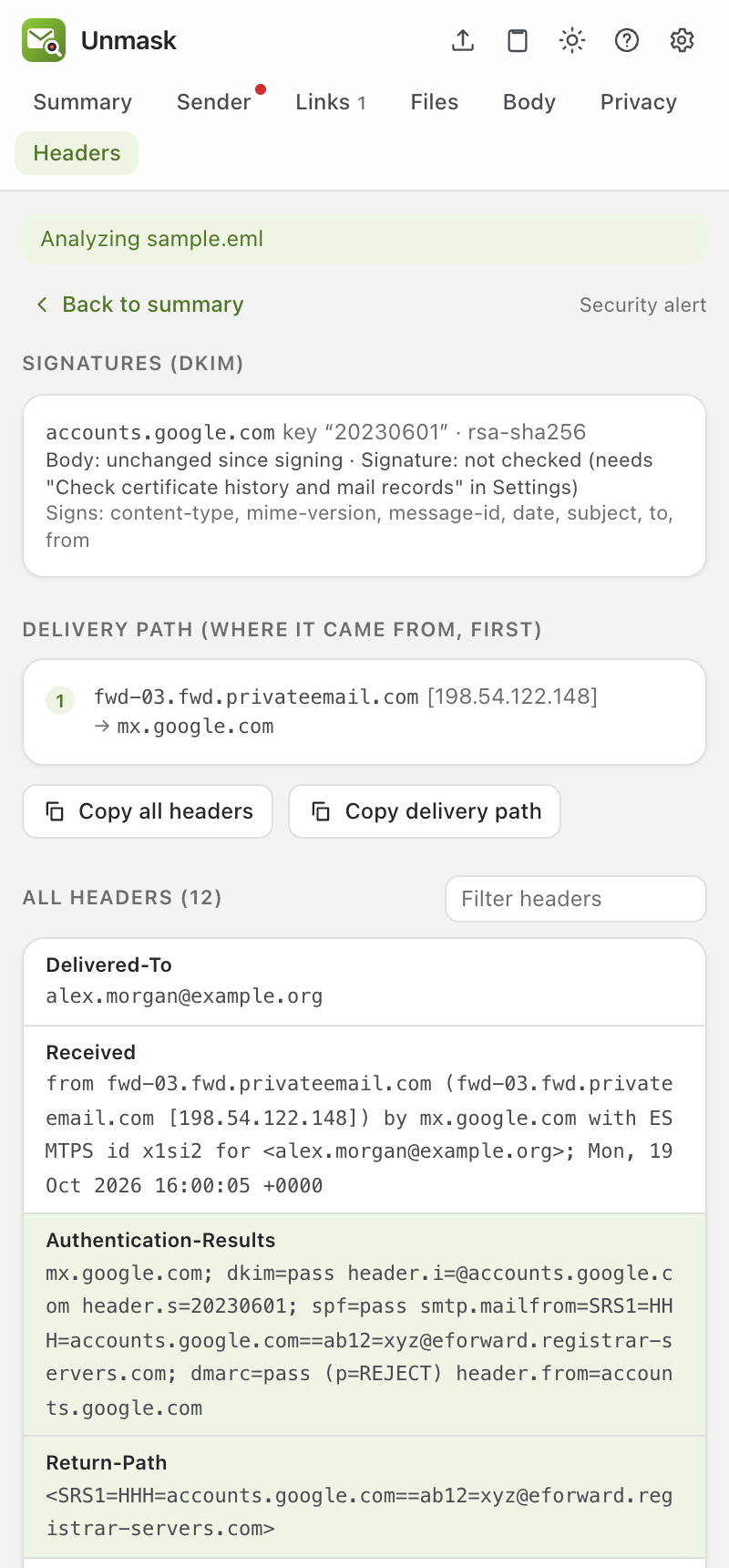 Headers tab with DKIM signature results and the delivery path