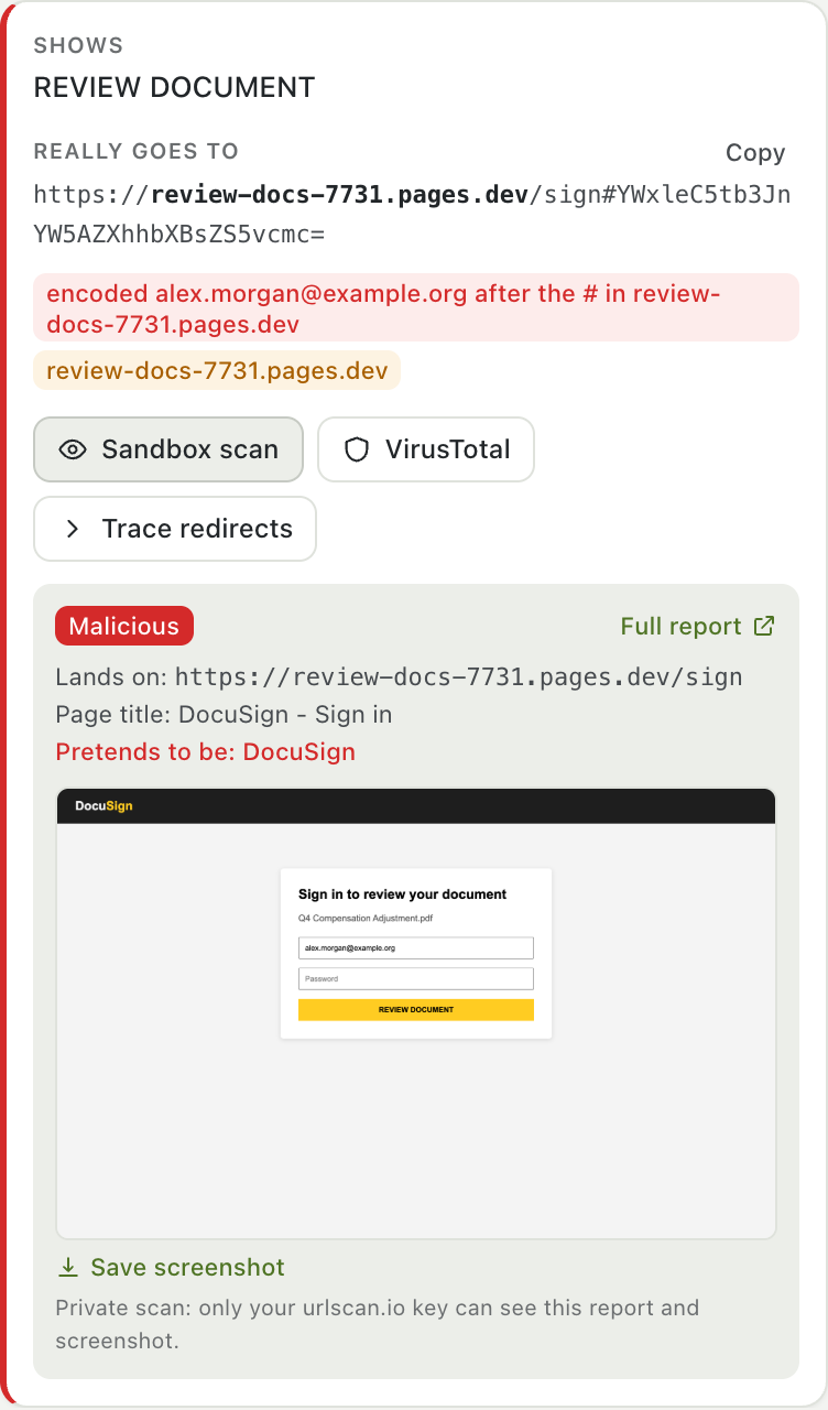 A private sandbox scan showing the fake DocuSign page a link leads to