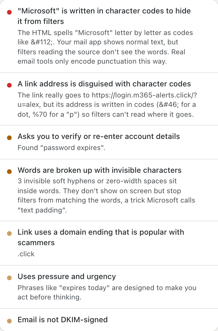 Findings for words hidden in HTML character codes and invisible characters
