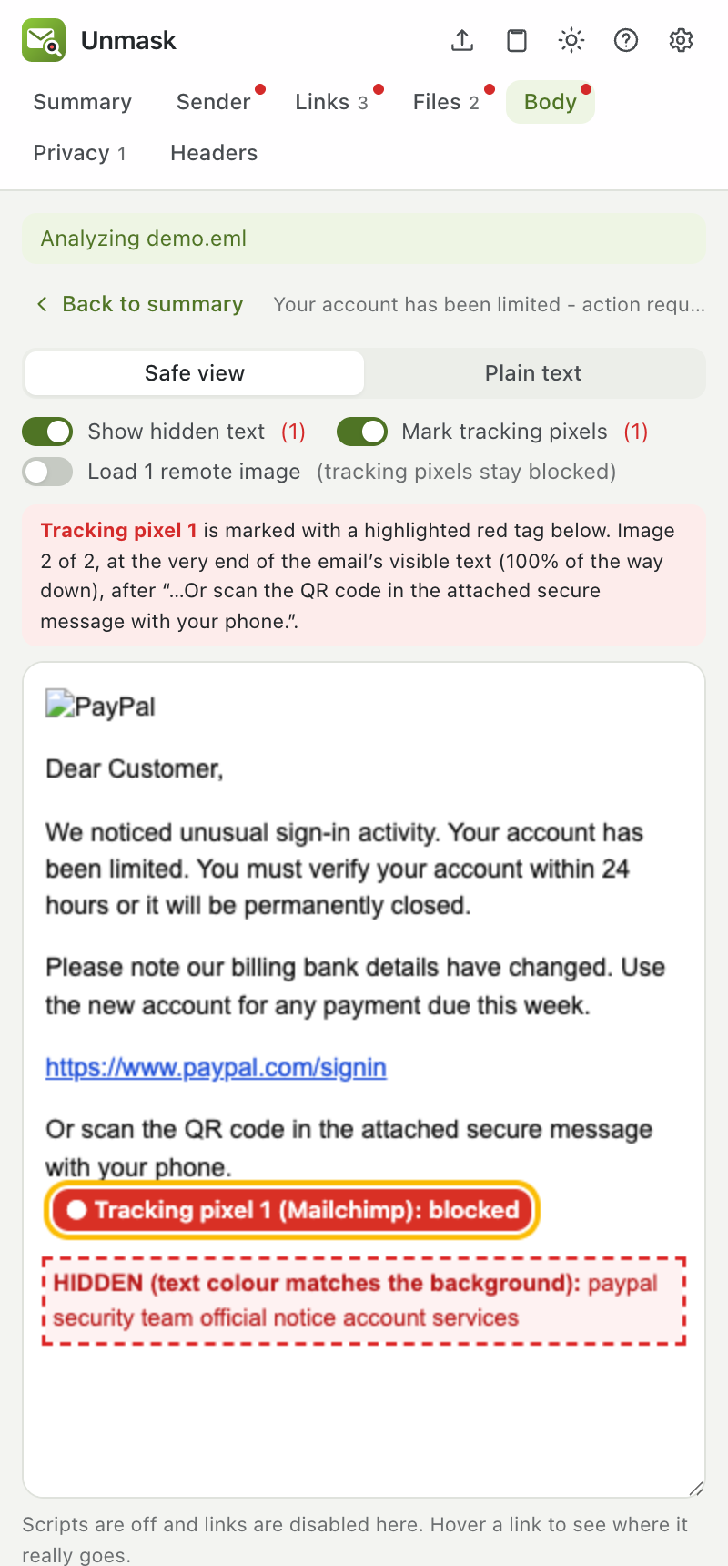 Safe view with a red tag where a tracking pixel sits