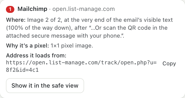 Privacy tab entry: Mailchimp pixel, where it is, why it's a pixel, its address
