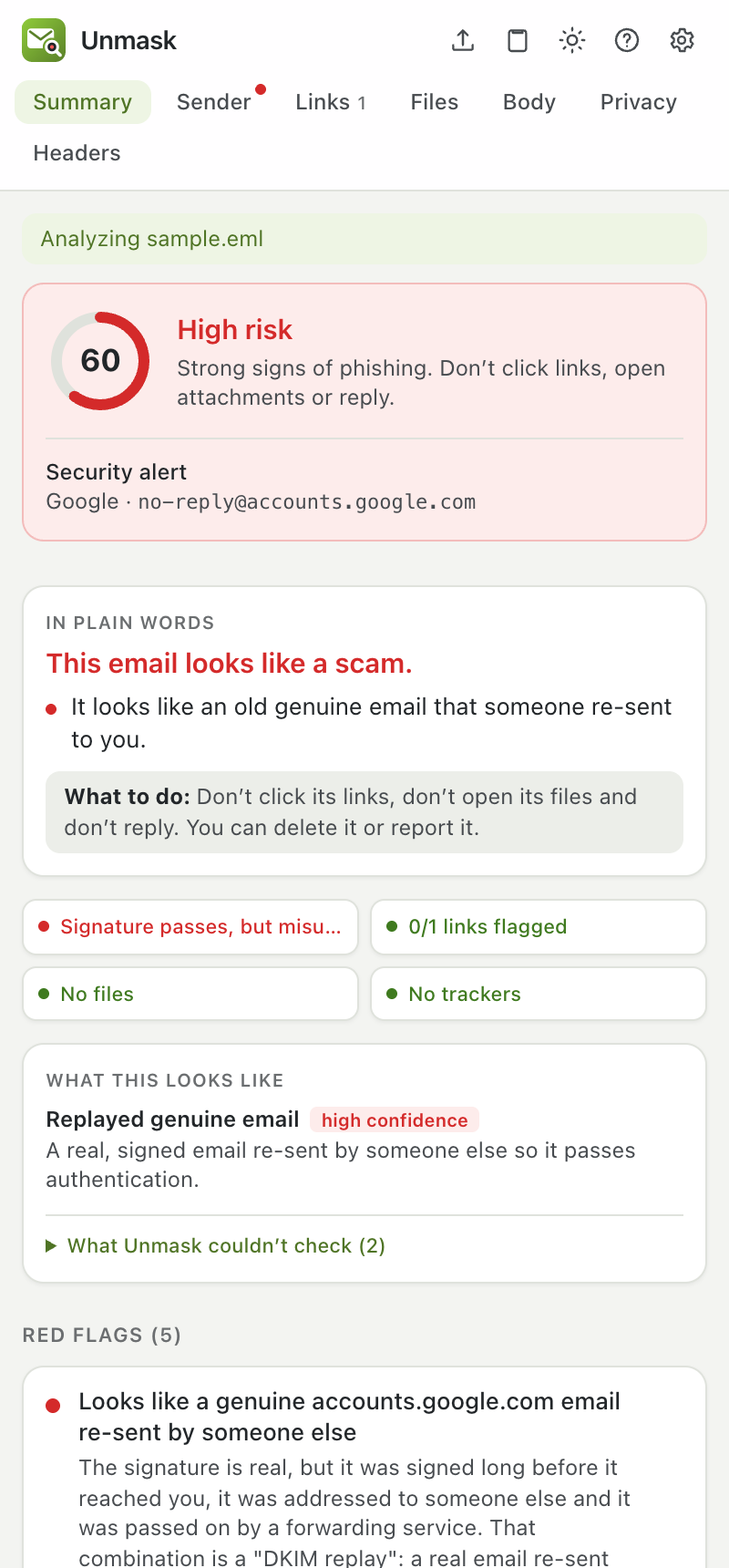 A replayed genuine Google alert rated High risk