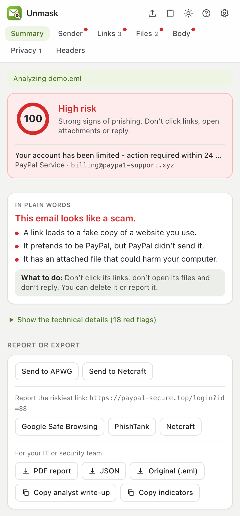 Simple mode: only the plain-words card and the report buttons