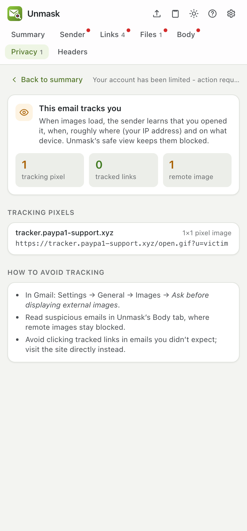 Privacy tab