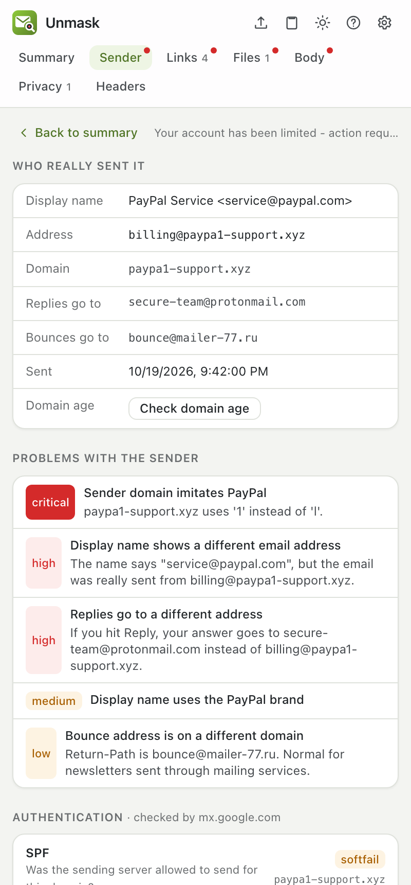 Sender tab
