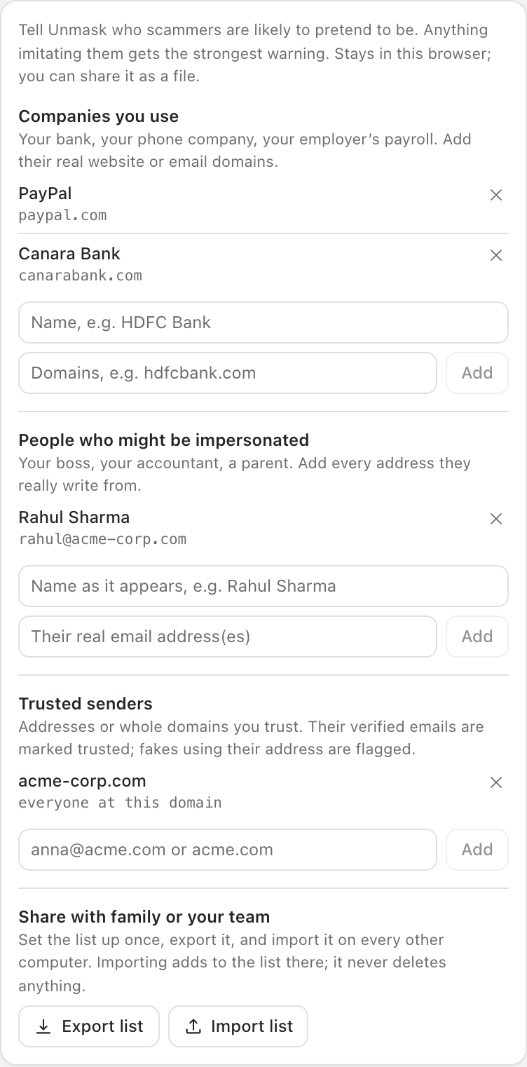 Protection list: companies, people and trusted senders, with export and import