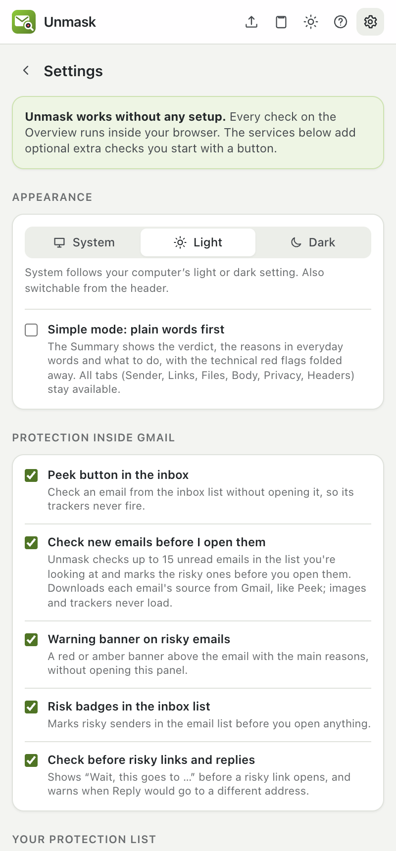 Settings for protection inside Gmail
