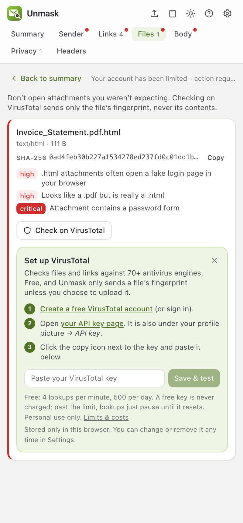 VirusTotal setup steps